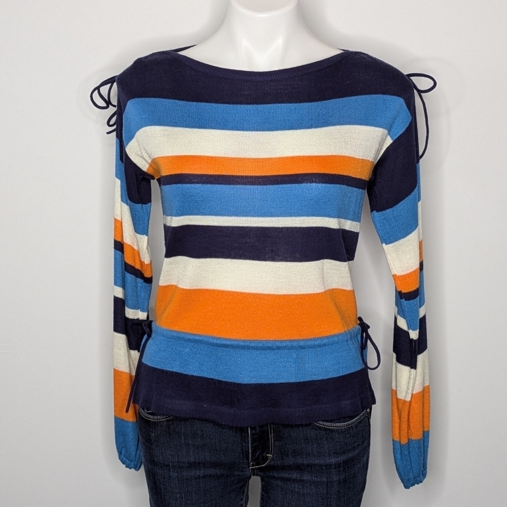 Vintage Checkmate Blue Orange White Striped Knit Tie Accent Sweater M